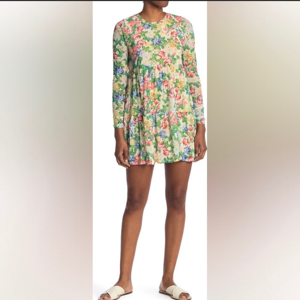 AFRM floral tiered babydoll loose fitting dress lined sheer long sleeves…